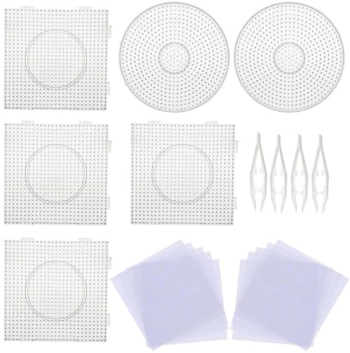 Allazone 5mm 6 Pz Pegboards Plantillas Grandes con 4 Pz Cuentas Blancas, 10 Pz Papel de Planchado, Placas Cuadrado Transparente para Cuentas Niños Artesanía Perlas