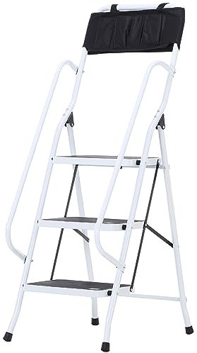 HOMCOM Escabeau Pliable 3 marches XL antidérapantes Double Garde Corps Hauteur Max. 1,31 m Charge Max. 150 Kg Pochette Outils intégrée Acier Blanc Noir