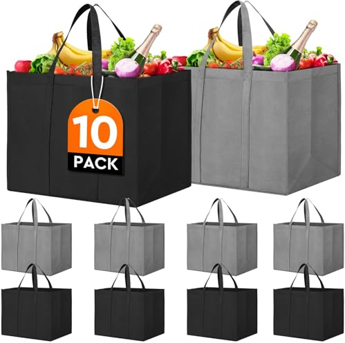 WISELIFE Reusable Grocery Shopping Bags 10 Pack Large Foldable Tote Bags Bulk, Eco Produce Bags with Long Handle for Shopping Groceries Clothes (Grey&Black)