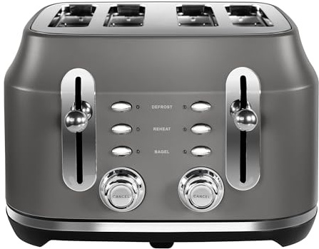 Rangemaster RMCL4S201GY Classic Grey 2.1kW 4 Slice Toaster with Defrost, Cancel & Reheat Functions, Removable Crumb Tray & 6 Power Levels with 2 Year Guarantee
