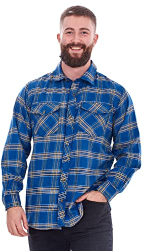 Malay Mens Flannel Check Shirts Yarn Dyed Cotton Brushed Long Sleeve Casual Top Royal Blue, M