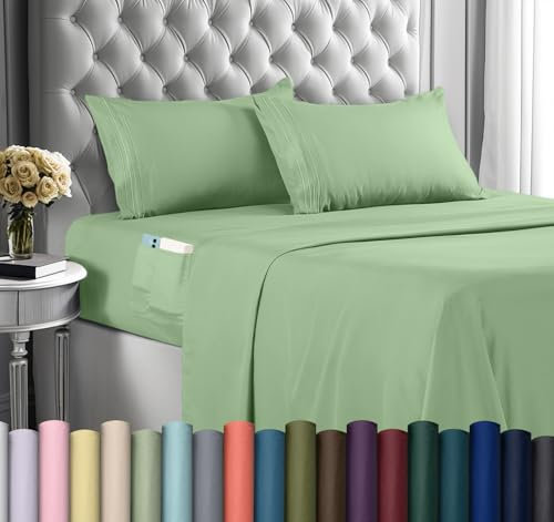 Utopia Bedding Queen Sheet Set – Soft Microfiber 4 Piece Luxury Bed Sheets with Deep Pockets - Embroidered Pillow Cases - Side Storage Pocket Fitted Sheet - Flat Sheet (Sage)