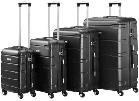 Zelsius Set di valigie 4 pezzi, nero | Valigia rigida in ABS con chiusura a combinazione, 4 ruote e divisorio interno | Valigia a mano, set di valigie rigide 4 pezzi, trolley, valigia grande