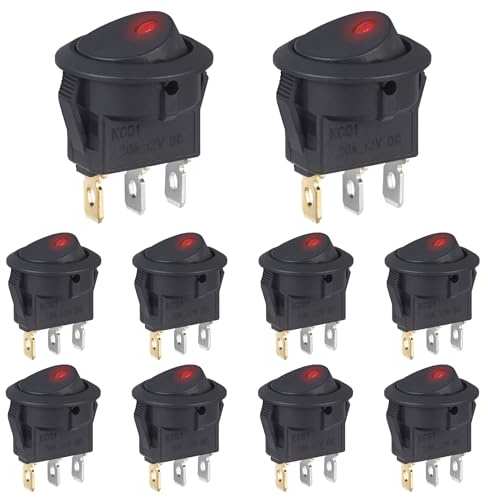 VEXUNGA Interrupteur 12V 20A Voyant Lumineux LED Rouge Interrupteurs à Bascule Rond 12 Volts ON/OFF 2Positions Marche/Arret 3Broches Commutateur Bouton pour Voiture Automobile (10 Pièces)