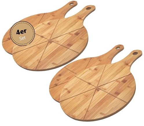 hausleben Assiette à pizza en bois de 33 cm (lot de 2, 3 ou 4) – Grande planche à pizza avec poignée, assiette à pizza, planche à pizza ronde, planche à pizza, planche à pizza