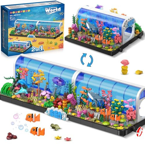 HOGOKIDS Aquarium-Bausätze – 2 Arten von Ozeanarium-Bauspielzeug für Kinder Erwachsene, schwenkbares Unterwasser-Aquarium inkl Delfinen Haien Fischen Quallen Konstruktionsgeschenk Jungen Mädchen 6–12