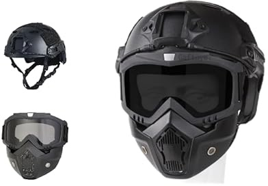 Gaftuyei Adult Unisex Airsoft Helmet with Full Face Mask, Paintball Helmet, Side Rails, NVG Bracket, Removable Goggles
