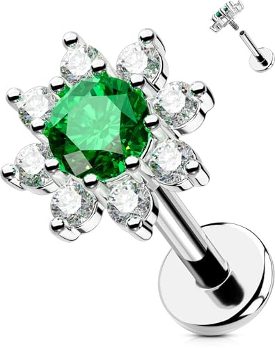OUFER 16G Flower Helix Stud Internally Threaded Flat Back Earring Stainless Steel 316L Conch Jewellery Green CZ 6 mm Cartilage Earring Tragus Piercing Lip Stud
