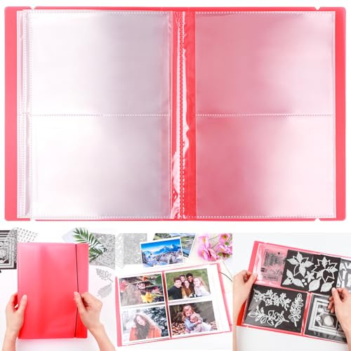 20 Pages / 80 Pockets Stamps and Dies Storage Album Book Organizer Folder, Plastic Large Sticker Photo Storage Album Bags for Cutting Dies Stencil Stamp Crafts DIY Scrapbooking 7x5.1inch/Pocket (Red)
