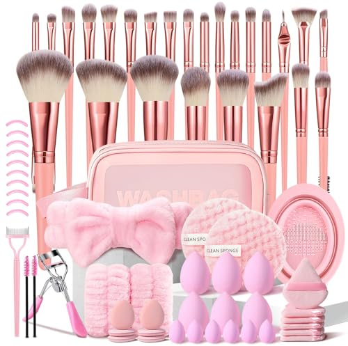 70Pcs Makeup Brush Set Includes 25Pcs Pink Makeup Brushes, Washbag, Triangle Puffs, Finger Puffs, Cleaning Sponge, Makeup Sponges, Cleaning Tool, Headband, Wristbands, and other Eye Makeup Tools