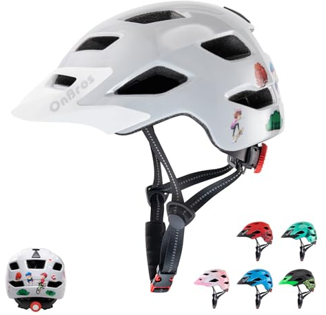Kids Bike Helmet, OnBros Kid Helmets For Ages 5-8-11-14 Years Boys and Girls, Bicycle Helmets Kids With Visor Adjustable, Bicycle Scooter Skating Cycle Helmet (Gray and White Bicycle-glossy)
