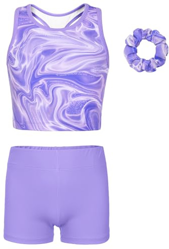 MODAFANS Gymnastics Leotards for Girls With Shorts Tumbling Dance Unitards Biketards Activewear,Purple Marble,8-9Years