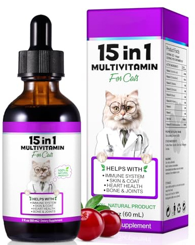 Cat Vitamins, 15 in 1 Cat Multivitamin Liquid Drops, Cats Vitamins and Supplements with Glucosamine and Probiotics, Bones, Joint, Skin & Coat, Bladder, Immune System Support, 60ML