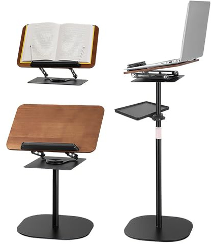 2 en 1 Soporte Libros,Altura Ajustable 91-119cm,Soporte Tablet Mesa con bandeja y clips elásticos,atril ajustable para Partituras Musicales,Recetas,Tablets y Laptops,para suelo o mesa