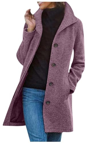 Kobilee cappotto donna invernale lana Elegante Lungo Giubbotto da Collo Trench Coat con Bottoni Cappotti Autunno Caldo Giacca Casual di Moda Viola XL