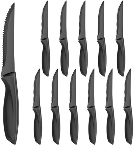 Chiluxendo 12 Pezzi Coltelli da Cucina in Acciaio Inox, Coltelli da Tavola con Manico in Polipropilene, Coltello Seghettato Affilati, Coltello Bistecca con Bordo Seghettato, Lavabile in Lavastoviglie