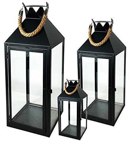 FineHome Lot de 3 grands photophores de jardin - Hauteur : 25/40/51 cm - Avec poignées en corde - Noir