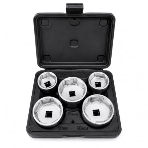 Autojack 5pc Oil Filter Socket Set 3/8 Drive 24-38mm Remover CR-V in Case | 5pc 3/8 drive oil filter socket set with 24, 27, 32, 36 & 38mm CR-V low-profile sockets for confined spaces.