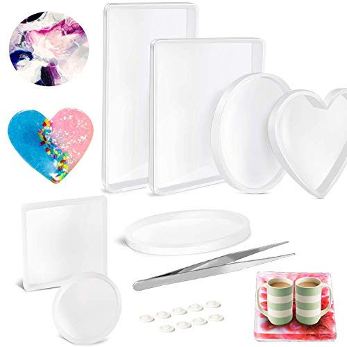 Xfaiz, stampi in silicone, 17 pezzi, grandi stampi per colata in resina fai da te per sottobicchieri in resina, forma rotonda, rettangolare, a forma di cuore, per sottobicchiere