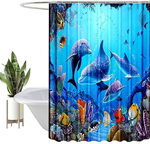 HEYOMART Shower Curtain Heavy Duty Polyester Fabric Waterproof Shower Curtain Liner, 3D Digital Painting Pattern for Shower Stall, Bathroom Curtains with 12 PCS Hooks (180x180cm, Ocean Dolphin)