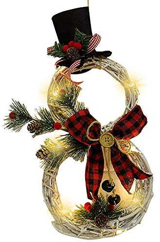 Led-Weihnachtskranz, Beleuchteter Weihnachtskranz, Weihnachts-TüRkranz, Weinrebenkranz, HäNgende Girlande, Schneemann-Form Weinrebenkranz Mit Hut Und Schleife, FüR HaustüR Und Wand (Schwarz-rotes)