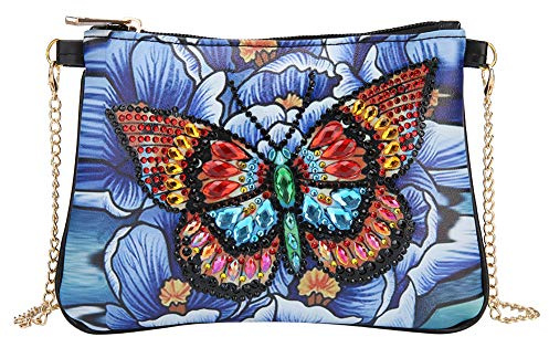 MWOOT 5D DIY Farfalla Fiore Pittura Diamante Borsa a Tracolla Donna con Catena, Butterfly Flower Diamond Art Painting Handbag Kit,Diamante Arte Pelle Borsetta Portamonete Portafoglio per Festa Viaggio