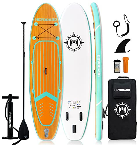 HEYBOARD Aufblasbares SUP Board, Stand Up Paddling Board 320x81x15cm mit hochwertigem Zubehör, Rucksack, verstellbarem Paddel, Handpumpe, Leine, Abnehmbarer Finne, wasserdichter Handytasche(Bambus)