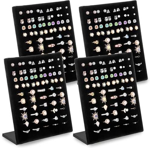 Hiceeden 4 Pack Velvet Ring Display Stand, 50 Slots Rings Organizer Jewelry Display Tray, L-Shaped Ring Holder Display for Selling Earrings Rings, Black