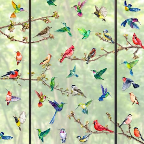 Spring Summer Bird Window Clings - 9 Sheet Hummingbirds Branch Window Stickers Double-Sided Window Gel Decorations for Home Office