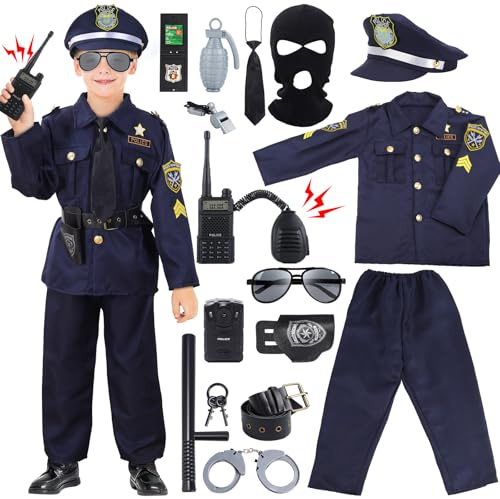 Skirfy 16PCS Police Costume for Kids, 16PCS Police Officer Uniform, Recorder, Cop Costume Role Play Kit for Boys Girls,Halloween Toys for Kids