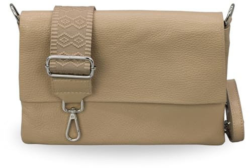 Brise Art Umhängetasche Damen Echtes Leder ELISA Handgemachte Handtasche Kleine Schlanke Tasche 3 Fächer Crossbody Bag mit Ledergurt + Optionalen Breiten Gemusterten Riemen Made in Italy (Taupe-5)