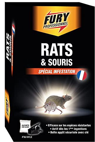 FURY - Sachets contre rat et souris - Efficace sur les espèces résistantes - Actif dès les 1ères ingestions - Pré dosés - 7x20g- fabrication française