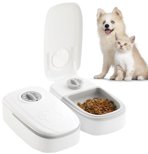 WIYETY Futterautomat Katze für 2 Mahlzeiten: Zwei-Mahlzeiten-Futterautomat mit Timer & rutschfeste Matte für Hunde und Katzen, Katzen Futterautomaten für 2 Mahlzeiten, Futterautomat Katze, Hellgrau