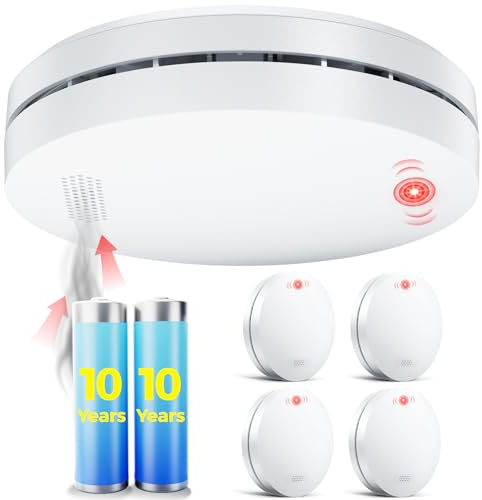 Rilevatore di Fumo Batteria 10 Anni, Vincitore di Test DIN EN 14604, Rilevatore di Fumo, Allarme Antincendio, Autoadesivo, Allarme Fumo >85dB - 5 Pezzi