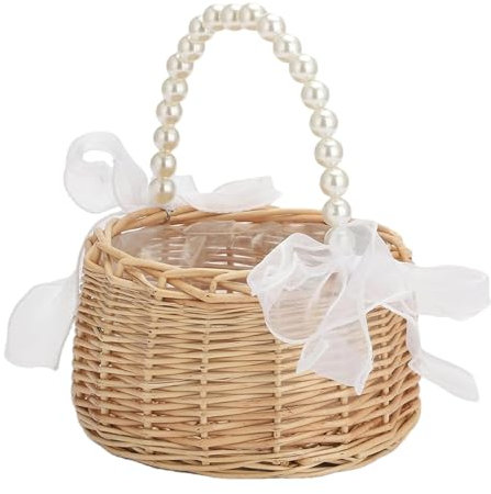 Wicker Flower Girl Basket - Handwoven Rattan Wedding Basket with Pearl Handle and Bow - Perfect for Flower Girls, Candy, Easter Eggs, Storage
