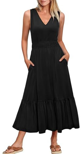 Newshows Summer Dresses for Women UK V Neck Sleeveless Midi Casual Vacation Sundress with Pockets(Black,L)