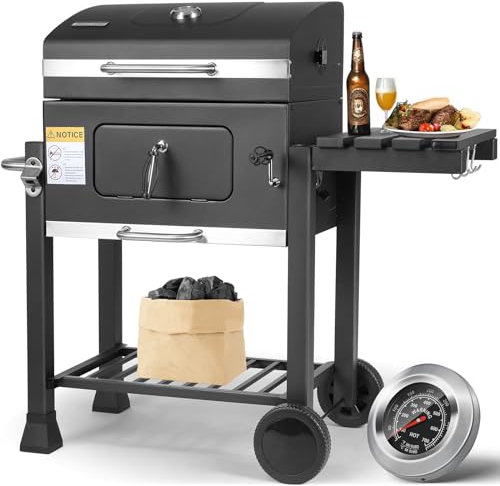 Barbecue Charbon de Bois XL, Chariot à Barbecue, Grill XL à Charbon avec Couvercle, 2PCS Roues, Thermomètre, Réglable en Hauteur, Grand Barbecue au Charbon de Bois, pour Camping et Jardin, Noir