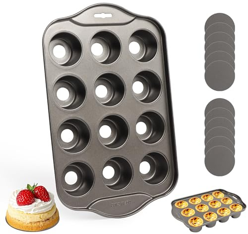 ztowoto 12 Tazze Mini Teglia per Muffin Antiaderenti, Riutilizzabile Stampo Muffin Con Fondo Rimovibile, Fondo Rotondo Teglia muffin Sciolto Per Cupcake E Cheesecake(33x20.9x3.7 cm/Con Pennello)