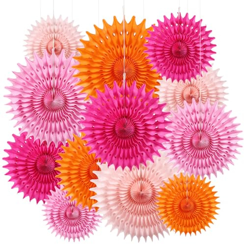 BestoFun - Lot de 12 éventails en papier - Orange - Pompons - Fleurs en papier de soie - Pêche - Guirlande de fleurs suspendues - Éventails rose clair - Décoration de fête pour enfants - Décoration