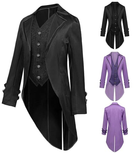 Mens Medieval Embroidered Tailcoat Men's Gothic Patchwork Swallowtail Coat Steampunk Single Breasted Tuxedo Jacket Victorian Court Frock Renaissance Banquet Tail Coat Masquerade Party Costume