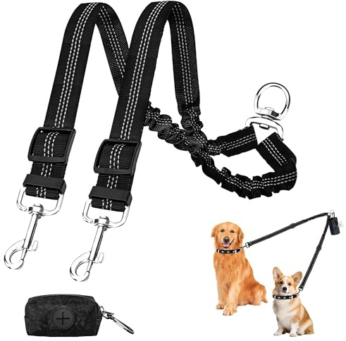 Double Dog Lead for Walking 2 Dogs, No Tangle Dual Dog Lead with Swivel Connector, Reflective Bungee Coupler Leash with Soft Handle and Waste Bag Pouch for Small and Medium Dogs