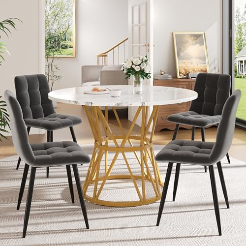 Rund matbord med 4 stolar (5 delar), modernt kök och matrum med MDF-marmor-bordsskiva, stabil, metallben, bekväma sammetstolar, perfekt för matgrupp och kök