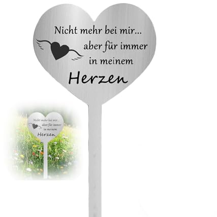 Iirlvior Decorazione per tomba in metallo, a forma di cuore, resistente alle intemperie, in acciaio inox, con scritta Nicht mehr bei Mir aber für immer in Meinem Herzen, per cimiteri e memoriali, 28