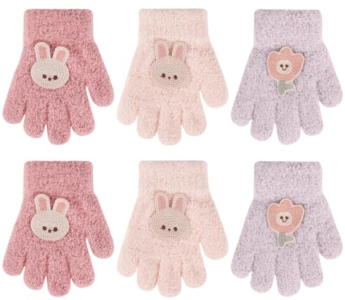 QKURT 3 pares de guantes mágicos cálidos para niños pequeños con estampado de conejo y flores, guantes térmicos suaves de invierno, dedos completos elásticos para bebés, niños y niñas de 1 a 3 años