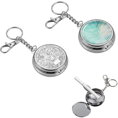COYUN Cendrier de Poche Portable Anti Odeur [Lot de 2], Mini Cendrier avec Couvercle et Porte-clés pour Extérieur et Voyage, Cendrier Fermé en Métal Argenté Motif Élégant, Diamètre 5cm