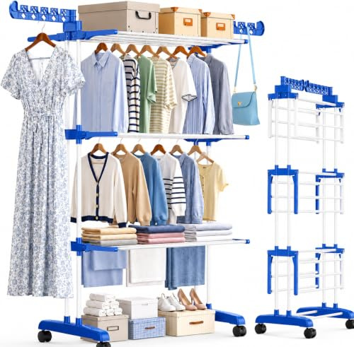 4 Tier Clothes Airer with Wheels, Heavy Duty Foldable Clothes Drying Rack with Extendable Wings, 50kg Capacity Stainless Steel Clothes Horse, Large Indoor Outdoor Laundry Airer, Blue