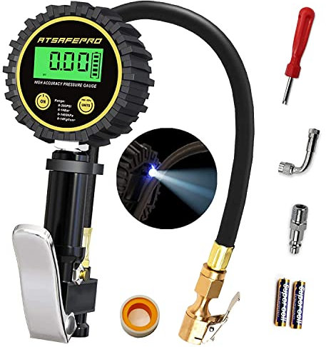 ATsafepro Tyre Pressure Gauge UK and Inflator,Digital Tyre Inflator Gauge 200 PSI,with Back Bright LED Light for Car Bike Moto