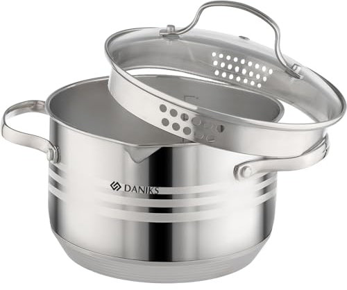 Daniks Tokio Edelstahl Kochtopf Induktion, Pastatopf mit Siebeinsatz, 18 cm, 3 Liter, Fleischtopf, Suppentopf, Bratentopf, Silber