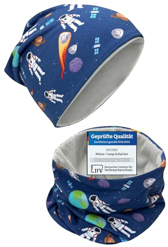 HECKBO Kids Winter Hat & Loop Set – Astronaut Design – 2–8 Years – 95% Cotton with Fleece Lining – Ideal for Autumn, Spring & Winter (48–54 cm)