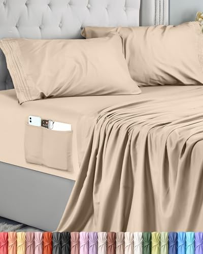 Utopia Bedding Juego de Sabanas 3 Piezas 90x190 - Microfibra De Poliéster, Sábana Bajera con Bolsillos de Almacenamiento, Sábana Plana Y 1 Funda De Almohada Bordadas (Cama 90, Beige)